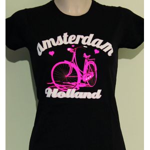 T-shirt zwart Amsterdam roze fiets dames