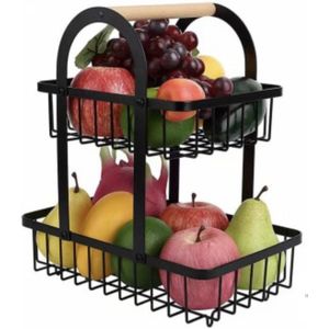 Fruitschaal Etagere 2 Lagen voor Keuken - Rond - Large - 27x17x31 - Fruitmand Zwart Metaal - Keuken Organizer - Industrieel