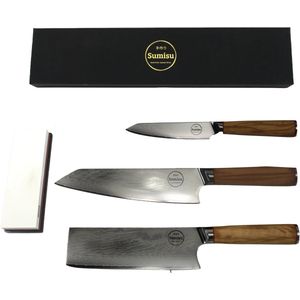 Sumisu Knives - Japanse messenset 4-delig incl. slijpsteen - Wood collection - 100% damascus staal - Koksmes - Geleverd in luxe geschenkdoos - Cadeau