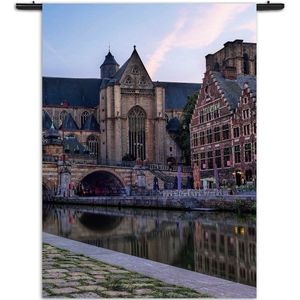 Velours Wandkleed Middeleeuwse Kathedraal en Brug Gent Rechthoek Verticaal XXL (250 X 180 CM) - Wandkleden - Met roedes