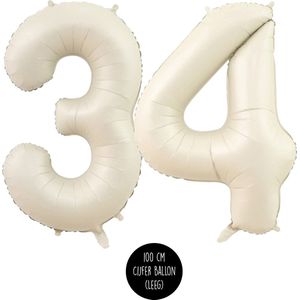 Cijfer Helium Folie ballon XL - 34 jaar cijfer - Creme - Satijn - Nude - 100 cm - leeftijd 34 jaar feestartikelen verjaardag