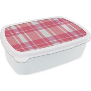 Broodtrommel Wit - Lunchbox - Brooddoos - Plaid - Roze - Patronen - 18x12x6 cm - Volwassenen