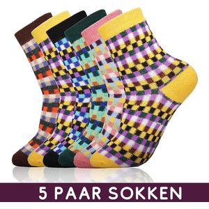 Vintage Winter Sokken Set - 5 paar dames sokken Maat 35-39 - Blokjes Design, Diverse kleuren, Wol