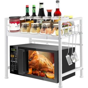 Microwave Shelf Stand Expandable 2 Tier Rack of Carbon Steel Kitchen Counter Organizer Shelf with 10 Stainless Steel Hooks Adjustable Height Length (White 1)