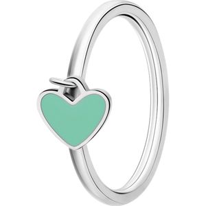 Lucardi Kinder Stalen ring met hart emaille mint - Ring - Staal - Zilverkleurig - 16 / 50 mm