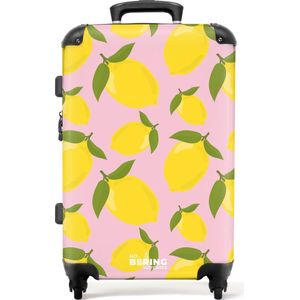 NoBoringSuitcases.com® - Koffer groot - Rolkoffer lichtgewicht - Pastel roze met citroenen - Reiskoffer met 4 wielen - Grote trolley XL - 20 kg bagage