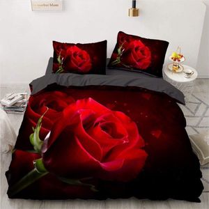 Beddengoed, 135 x 200 cm, 4-delige set met rode rozen en bloemenpatroon, zachte microvezel, romantisch dekbedovertrek met ritssluiting en 2 kussenslopen van 80 x 80 cm