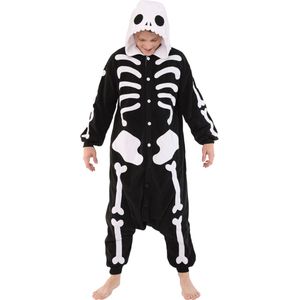 KIMU Onesie Skelet Pak - Maat M-L - Skeletpak Kostuum Zwart Wit Botten 170 176 - Halloween Huispak Jumpsuit Pyjama Dames Heren Overall Festival
