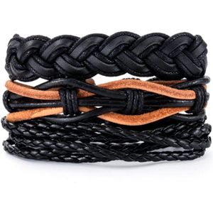 Heren armbanden set handgemaakt gevlochten zwart leer
