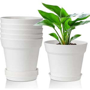Kunststof bloempotten met onderzetter - Voor binnen en balkon - Set van 6 - Wit - 16 cm