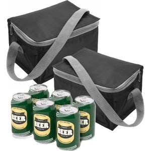 Kleine mini koeltass voor lunch of sixpack blikjes - 2x - zwart - 21 x 15 x 13 cm - draagriem - 3.7 liter inhoud