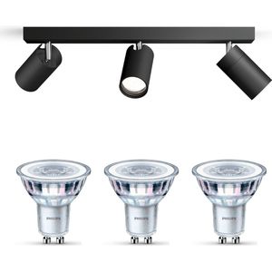 Philips Idris Opbouwspot voor Badkamer (Zwart) - Badkamerlamp - Warmwit Licht - Plafondspot met 3 Lichtpunten - GU10 - SceneSwitch - Eenvoudig Dimbaar met Je Klassieke Schakelaar