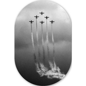 Vintage - Vliegtuig - Lucht - Wolken - Zwart wit Kunststof plaat (3mm dik) - Ovale spiegel vorm op kunststof