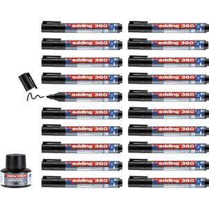edding 360/20 S whiteboardmarker zwart en navulinkt - ronde punt - 1,5-3 mm - doos met 20 markers en potje navulinkt