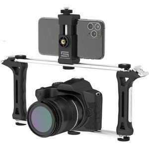 Universele Modulaire Video Rig – Filmbehuizing met 2 Stabilisatie Handgrepen – 2 Rails – 2 Smartphonehouders – Statiefadapter – Compatibel met iPhone, Samsung, Google Pixel, Huawei en Meer