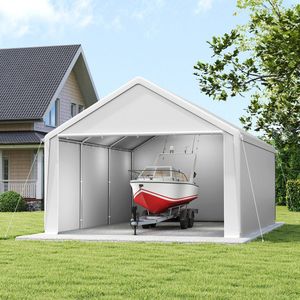 Tentgarage Grote Carport Garagetent Autoluifel Garageluifel Opslagtent Uv-Bestendig Waterdichte Schuilplaats Met Oprolbaar Raam (4x8 M, Wit)