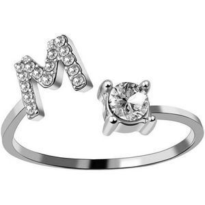 Ring Met Letter - Ring Met Steen - Letter Ring - Ring Letter - Initial Ring - Zilver Letter M - Cadeautje voor haar