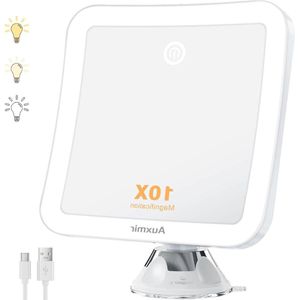Verlichte make-upspiegel 10 x vergroting met zuignap - vierkante spiegel met 3 verstelbare kleuren - oplaadbare led-make-upspiegel - 360 graden draaibaar - thuis - op reis