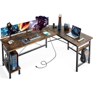 Hoekbureau Gamingtafel met stopcontacten en USB-oplaadpoort L-vormig thuiskantoorbureau vintage bruin 150 x 120 cm Hoekbureau