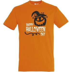 T-shirt kinderen Happy Halloween Day | Halloween kostuum kind dames heren | verkleedkleren meisje jongen | Oranje | maat 140