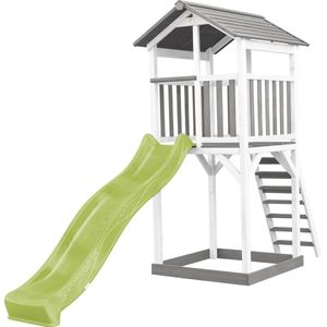 AXI Beach Tower Speeltoestel in Grijs/Wit - Speeltoren met Zandbak en Limoen Groene Glijbaan - FSC hout - Speelhuis op palen voor de tuin