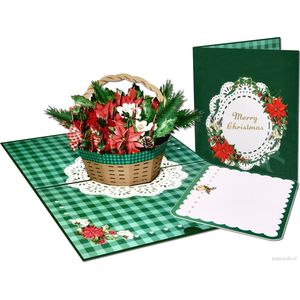 Popcards popupkaarten –  Kerstkaart met fraai versierd Kerststuk - Kerstmand Kerstroos Dennenappels Dennentakken pop-up kaart 3D wenskaart