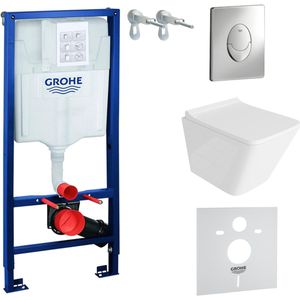 Inbouwreservoir Complete Toiletset Grohe Solido 39069000 - Inbouw WC Hangtoilet Wandcloset Lago Wit Hoogglans - Bedieningsplaat Skate Air Chroom - Voorwandelement - Installatiesysteem