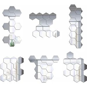 Plakspiegel - Hexagon Wandspiegel KLEIN - 12 Stuks - 8x4x7cm - Zilver - zelfklevend - decoratie - KLEIN FORMAAT