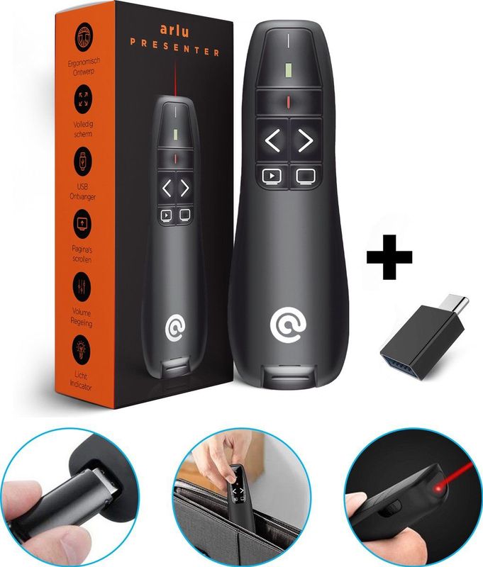Draadloze Presenter - Presentatie Klikker - Powerpoint Afstandsbediening - Wireless Presenter - Laser Pointer - voor Presentatie - Draadloos - USB - Zwart - Inclusief USB C Adapter