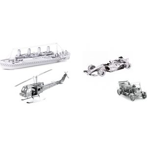 Set van 4 - Metallic Nano Puzzle 3D - Titanic-Oldtimer-Raceauto en Helicopter - Miniatuur - Metaal