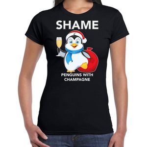 Pinguin Kerstshirt / Kerst t-shirt Shame penguins with champagne zwart voor dames - Kerstkleding / Christmas outfit M
