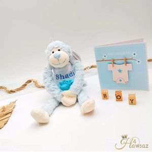 Slingeraapje met naam geborduurd 1 stuk - Hawsaz.nl cadeau - Baby knuffel met naam Blauw - Geboortecadeau - Cadeau voor jongens en meisjes - Verjaardag cadeau - Baby en peuter cadeau - Kraamcadeau - Gepersonaliseerde - Fluffy knuffel -Kado met naam