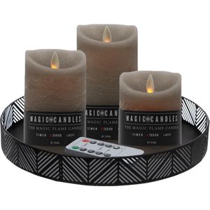 LED kaarsen - 3x st - beige - met zwart rond dienblad/kaarsenbord 29,5 cm - metaal
