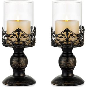 Kandelaar set vintage Distressed Black Hurricane kandelaar 2 stuks, kandelaar voor stompkaars, kaarsenhouder, bruiloftsfeest, woondecoratie, open haard, mantel, decoratie, 27 cm