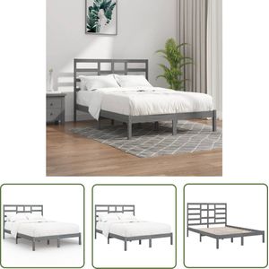 The Living Store Bedframe massief hout grijs 135x190 cm - Houten Bedframe - Bedframe Grijs - Tweepersoons Bedframe - King Size Bedframe - Modern Bedframe