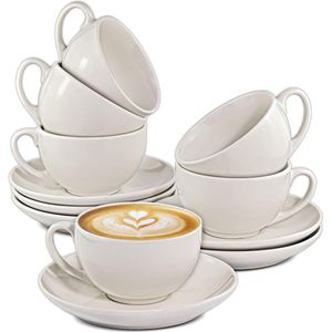 Cappuccino Kopjes - Set van 6 - Wit Keramiek - Met Schoteltjes - 180 ml - Vaatwasmachinebestendig koffiekopjes set van 6