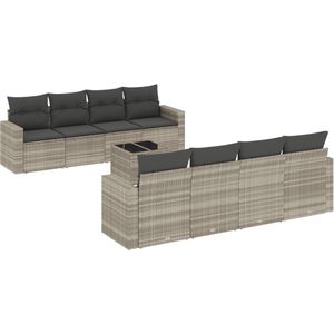 The Living Store 9-delige Loungeset met kussens poly rattan lichtgrijs - Loungebank - Lounge Set - Buitendecor - Tuinmeubels - Tuinlounge