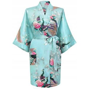 KIMU® Kimono Lichtblauw Kort - Maat M-L - Yukata Satijn Boven de Knie - Korte Lichtblauwe Ochtendjas Japanse Kamerjas Sexy Satijnen Badjas Geisha Vest Festival