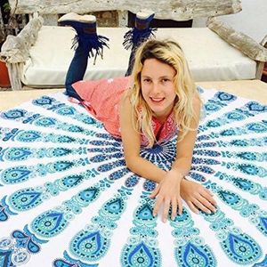 Handwerk Muuropknoping Mandala Muuropknoping Koningin Hippie Psychedelische Indiase stijl Magisch viooltje Katoen Teal en Blauw op Wit 70 Inch Roundie