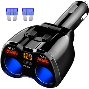 Sigarenaansteker-Adapter-2-Stopcontacten-USB-C-Autolader-150W-Dubbele-QC3.0-En-20W-PD-Type-C-Oplader-12V-24V-Led-Voltmeter-Met-Onafhankelijke-Schakelaar