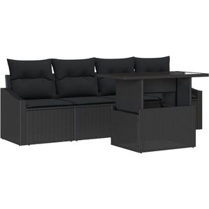 vidaXL - 5-delige - tuinbankset - met - kussen - Zwart - Poly - Rattan