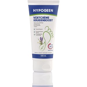 Hypogeen Voetcrème Kruidenboost- tube 100ml - hypoallergene voetcrème - basis van lavendel, dennennaald & eucalyptus - hydraterend voetverzorgingsproduct - ook voor overgevoelige voeten - PH-neutraal