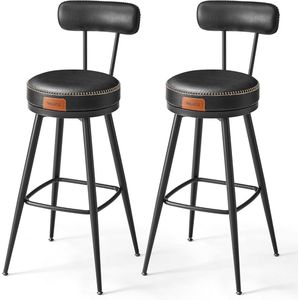 Furnstar - Barkruk set van 4 - 360° draaibare barkruk - Kruk met rugleuning voor bartafel - Kunstleer met naden - Mid-Century moderne stijl - 76 cm hoog - Keuken huisbar - Inktzwart - LBC389B01