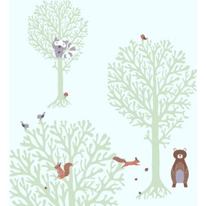 Kinderbehang Profhome 381342-GU vliesbehang licht gestructureerd met dieren patroon mat groen bruin grijs wit 5,33 m2