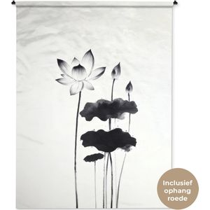 Wandkleed 150x200 cm - Wanddoek Bladeren - Zwart - Lotusbloem - Minimalitisch - Wandtapijt - Wandkleden