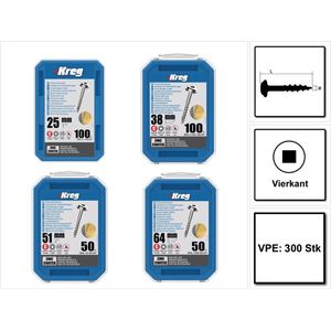 KREG Pocket-Hole cilinderkopschroeven SML-C Startset 300 st. voor binnengebruik Vierkantaandrijving Gedeeltelijke draad Grove draad Zelftappend verzinkt