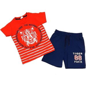 Jongens kleding set rood T-shirt, blauwe korte broek katoen tijger maat 110