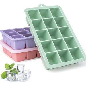 ZYLARO 3-delige siliconen ijsblokjesvorm - ijsblokjesvormen - met deksel - vaatwasmachinebestendige - 3x15 cellen 3 cm grote ijsblokjes - voor bier, cocktails, whisky, koude dranken, ijs, babysnacks - groen/paars/roze