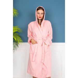 Lubna Home Luxe Badjas S/M-MET CAPUCHON VAN ZACHTE VELOURSBADSTOF - S/M-POEDER ROZE