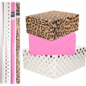 8x Rollen transparante folie/inpakpapier pakket - panterprint/roze/wit met zilveren stippen 200 x 70 cm - dierenprint papier